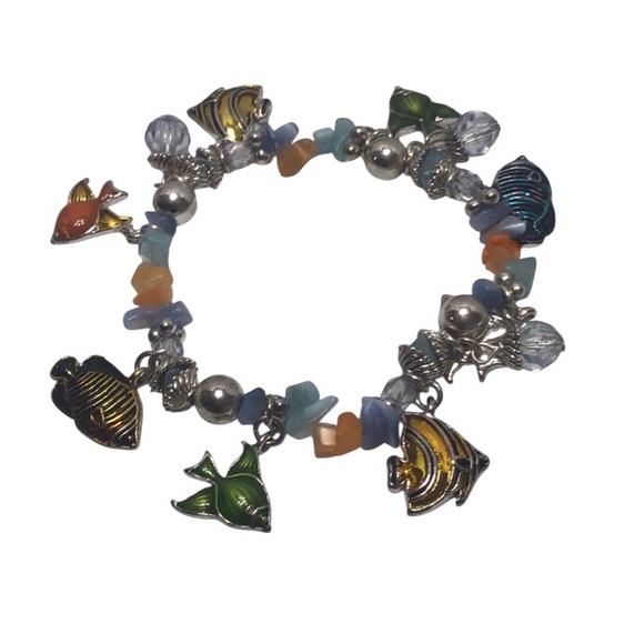 Colorful Silver Tone Fish and bead charms on a stretchy chunky bead band. - Picture 2 of 2